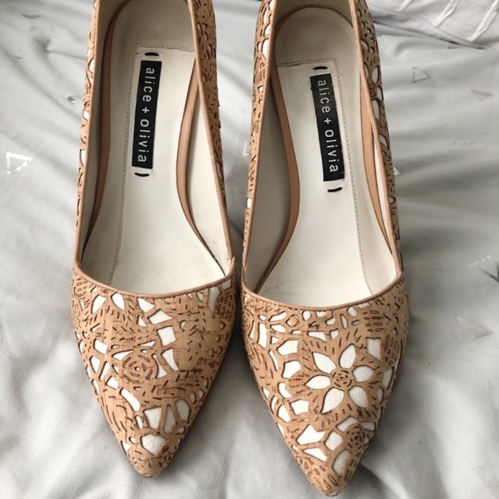 Alice + Olivia Tan and White Heels